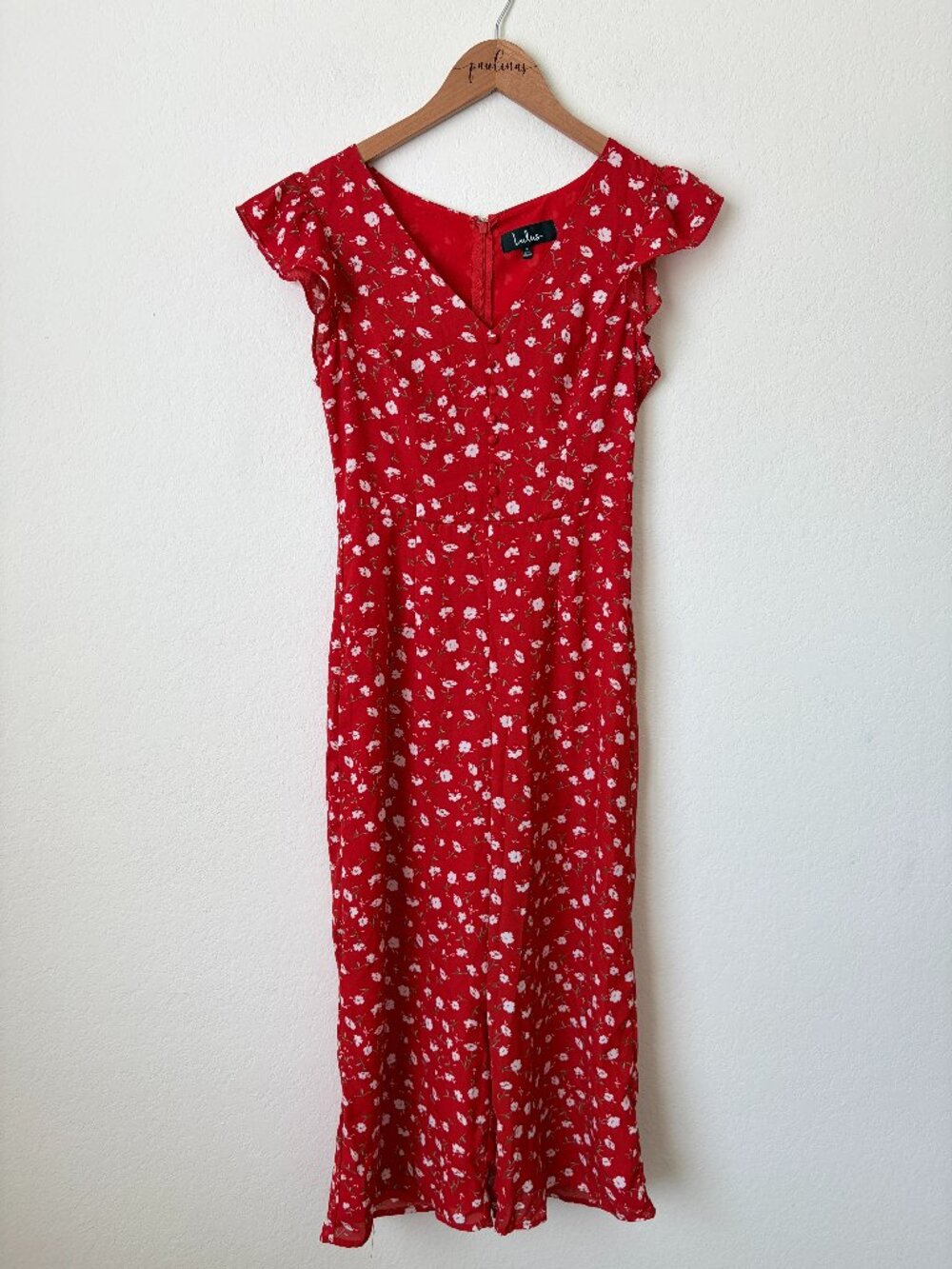 Lulus Jumpsuit Womens Small Red Floral Wide Leg Small Ruffle Sleeve S